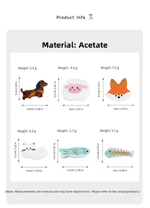 Detailed size and weight specs for acetate cartoon animal hair clips in various shapes
