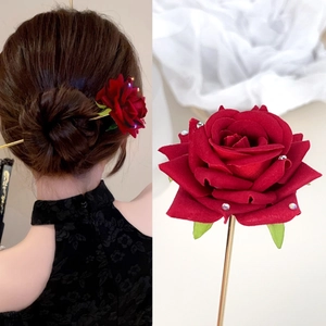 Elegant red velvet rose hair pin with rhinestones and gold metal stick for women