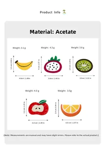 Detailed size and weight chart for acetate fruit hair clips including apple and orange