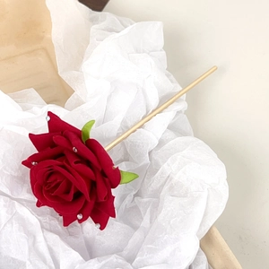 Elegant red velvet rose hair pin with rhinestones and gold metal stick for women