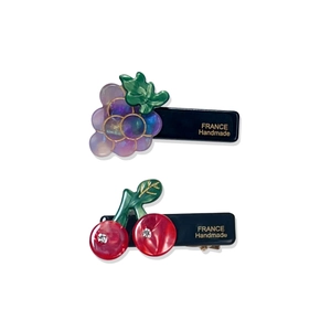 Handmade acetate fruit hair clips set featuring purple grapes and red cherry designs