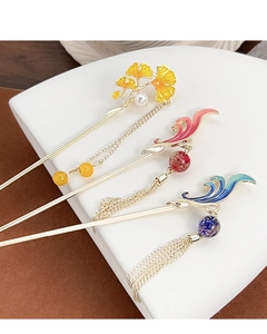 Lot de pics à cheveux dorés avec feuille de ginkgo, motifs vagues et glands de perles