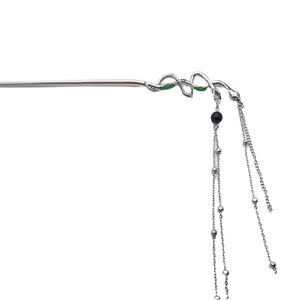 Silver snake hair pin with green enamel and long tassel chains for elegant hair styling