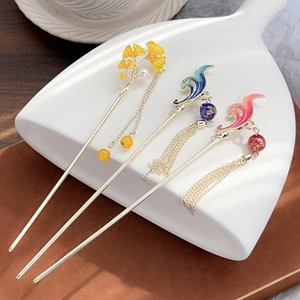 Pic à Cheveux Vintage Style Chinois en Alliage Avec Longs Pompons Émail Feuille de Ginkgo Nuage de Bon Augure pour Femmes Bijoux Hanfu
