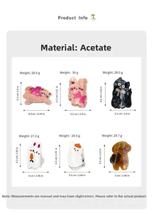 Tableau détaillé des tailles et poids pour pinces à cheveux en acétate, motifs animaux