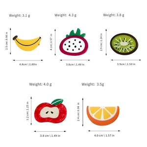 Cute acetate fruit-shaped hair clips featuring banana, apple, kiwi, and dragon fruit