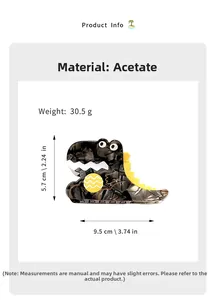 Vue détaillée de la texture en acétate et dimensions de 9,5 cm de cette pince à cheveux dinosaure