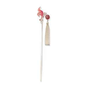 Pic à cheveux rétro chinois avec flamme en émail rose et pendentif à pampille rouge