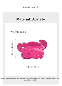 Détail de la pince à cheveux chat rose à pois noirs avec indications de taille de 9,5 cm