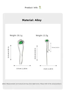Detailed size specifications for vintage U-shaped hairpins with green gems and tassels