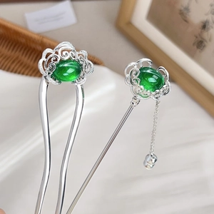 Silver Chinese hair pin set with green gemstone and auspicious cloud pattern tassels