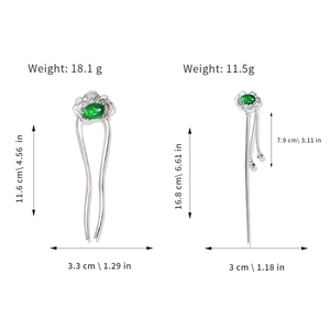 Traditional Chinese silver U-shaped hair pin and tassel hairpin set with green stone