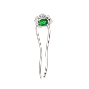 Elegant U-shaped silver hairpin with green gemstone and woven flower design