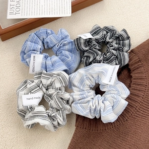 French Vintage Blue Sea Salt Striped Scrunchie Handmade Fabric Hair Tie Elastic Hair Band Fashion Headwear For Women
