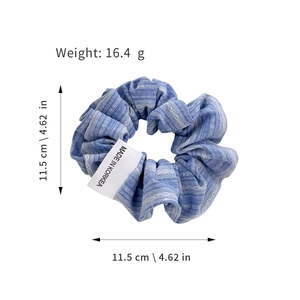 Blue and white striped scrunchie fabric hair tie with 11.5cm diameter and 16.4g weight