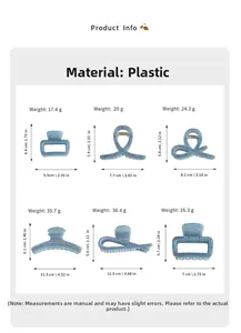 Detailed size chart for blue polka dot hair claws with dimensions and weight in cm and grams