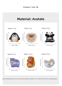 Detailed size and weight chart for cute acetate cartoon animal hair claws and clips