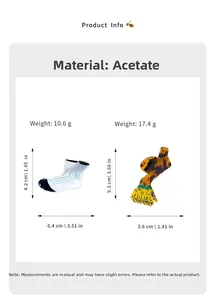 Detailed size chart for acetate hair claw clips in sock and abstract shapes