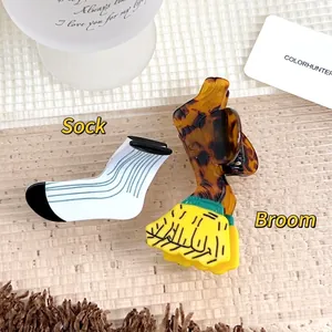 Creative Acetate Hair Claw Clips Funny Sock Broom Shaped Polished Hair Accessories For Women Stylish Individual Non-Slip Grip Hairpin
