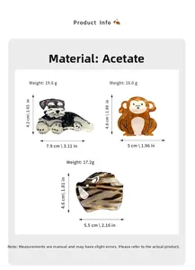 Detailed view of acetate hair claws in schnauzer dog and monkey shapes with measurements