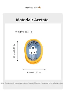 Detail view of acetate Halloween ghost hair claw showing dimensions and 19.7g weight