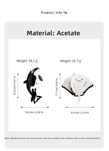 Detailed size and weight specs for whale and ray acetate hair claws in high-quality finish