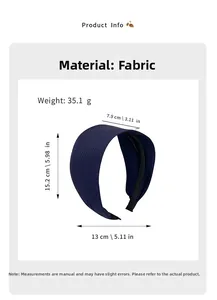 Detail view of a wide navy blue pleated fabric headband with size and weight info