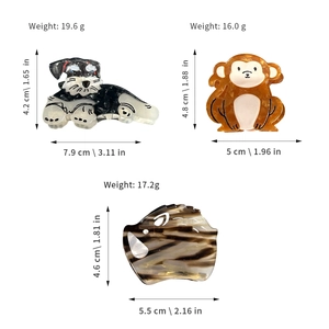 Animal shaped acetate hair claws in dog, monkey and boar designs with size specifications