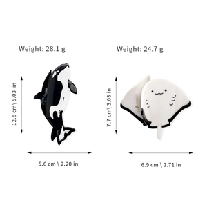 Blue whale and ray shaped acetate hair clips with detailed dimensions and weights