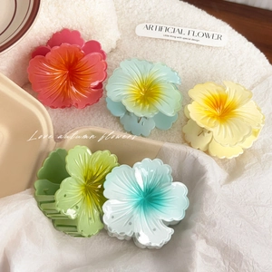 Summer Flower Hair Claw Clip Plastic Gradient Hibiscus Plumeria Hair Accessory For Women Beach Vacation Decorative Hair Clip