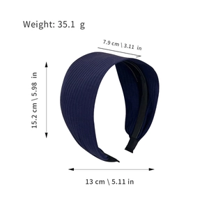 Navy blue striped knit wide headband with anti-slip teeth and detailed dimensions