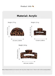 Size chart showing leopard print acrylic hair claw dimensions and weight specifications