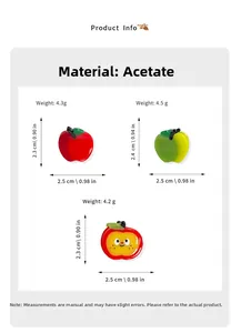 Detailed size chart of small apple-shaped acetate hair clips for kids in various colors