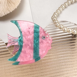 Tropical fish hair claw clip in pink and teal marble acrylic with pearl accents