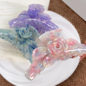 Pince à Cheveux Rose en Acétate 3D Floral Shark Clip Élégante Texture Marbrée Grand Fermoir Coiffure Accessoires Femme