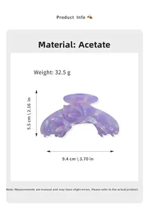 Detailed size specifications for the purple tulip acetate hair claw with dimensions and weight