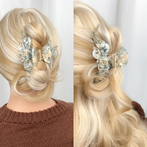 Pince à cheveux rose 3D en acétate élégante pour chignons et demi-queues bleues