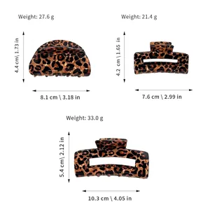 Vintage leopard print hair claw clip set showing sizes and weights for large square shark clips
