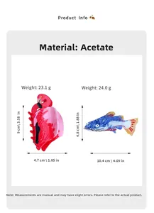 Detailed view of acetate hair claws in red flamingo and blue fish shapes with dimensions