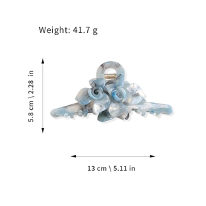 Pince à cheveux fleur en acétate marbré bleu pour queue de cheval haute, 13cm