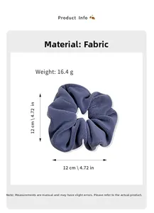 Blue fuzzy fleece scrunchie detail showing 12cm diameter and 16.4g lightweight design