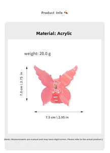 Detailed view of pink acrylic butterfly hair claw with size and weight measurements