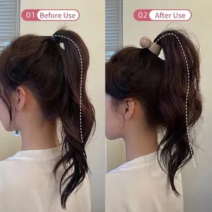 Comparison showing beige high ponytail hair tie lifting hair versus flat normal tie