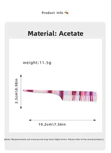 Tableau des tailles et dimensions du peigne à cheveux en acétate de 19,2 cm