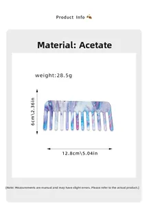 Detail showing marble texture cellulose acetate wide-tooth comb dimensions and material