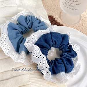 Denim Blue Scrunchie With White Lace Edge Balletcore Style Hair Tie For Women Girls Sweet Retro Hair Accessories
