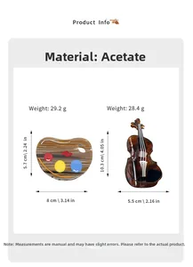Detail view of acetate hair claw clips in artistic palette and cello shapes with dimensions