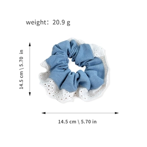 Blue denim and white lace scrunchie for hair, sized 14.5cm and weighing 20.9g