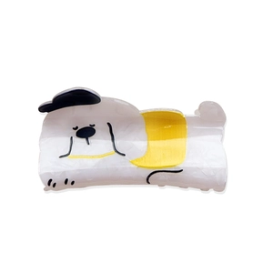 Cartoon dog acrylic hair claw clip with black hat and yellow collar design for women