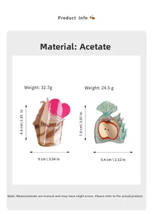 Detailed size and weight specs for acetate dessert and apple shaped hair claws